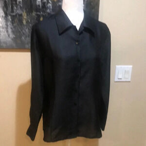 Black Button-Up Long Sleeve Top with Black Pin Stripes Round Hem-Size L